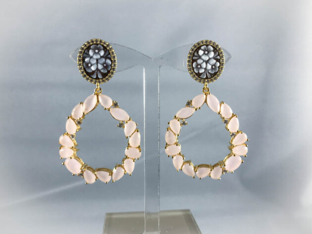 Orecchini Pendenti  Floreali in argento, zirconi e quarzi rosa