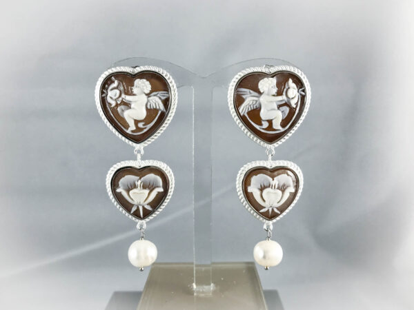 Orecchini in Argento Doppio Cuore Cameo Angeli e Fiori