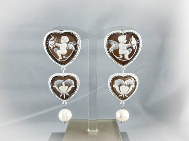 Orecchini in Argento Doppio Cuore Cameo Angeli e Fiori