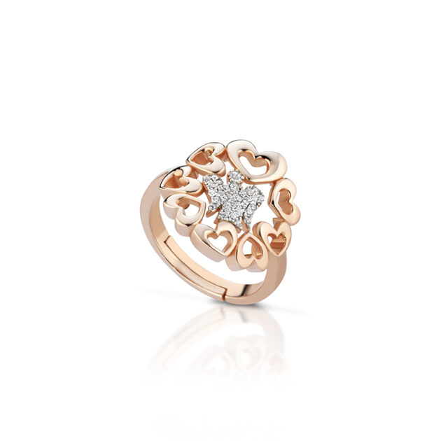 Anello con angelo in Argento rosato, zirconi bianchi e cuori