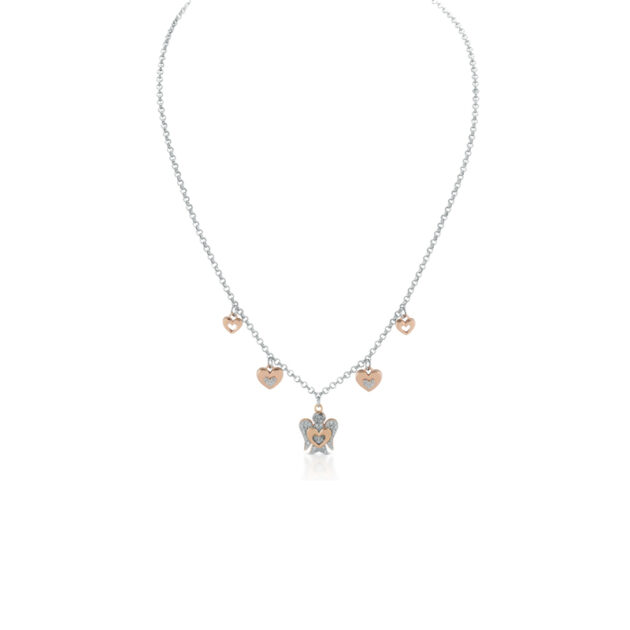 Collana con Angelo e Cuori charms in argento e zirconi bianchi