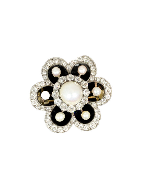Spilla a Fiore oro , argento,  brillanti e perle.