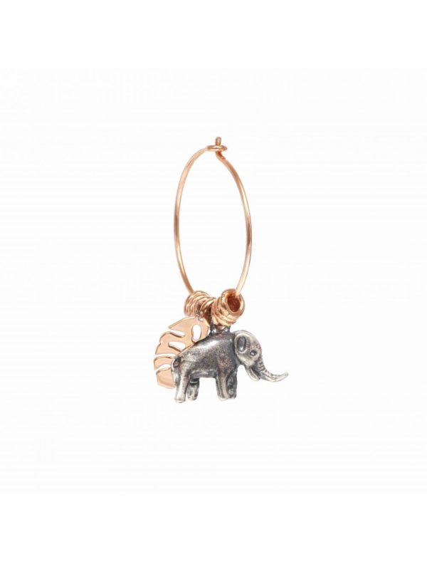 Orecchino Singolo a cerchio piccolo con elefante e foglia monstera